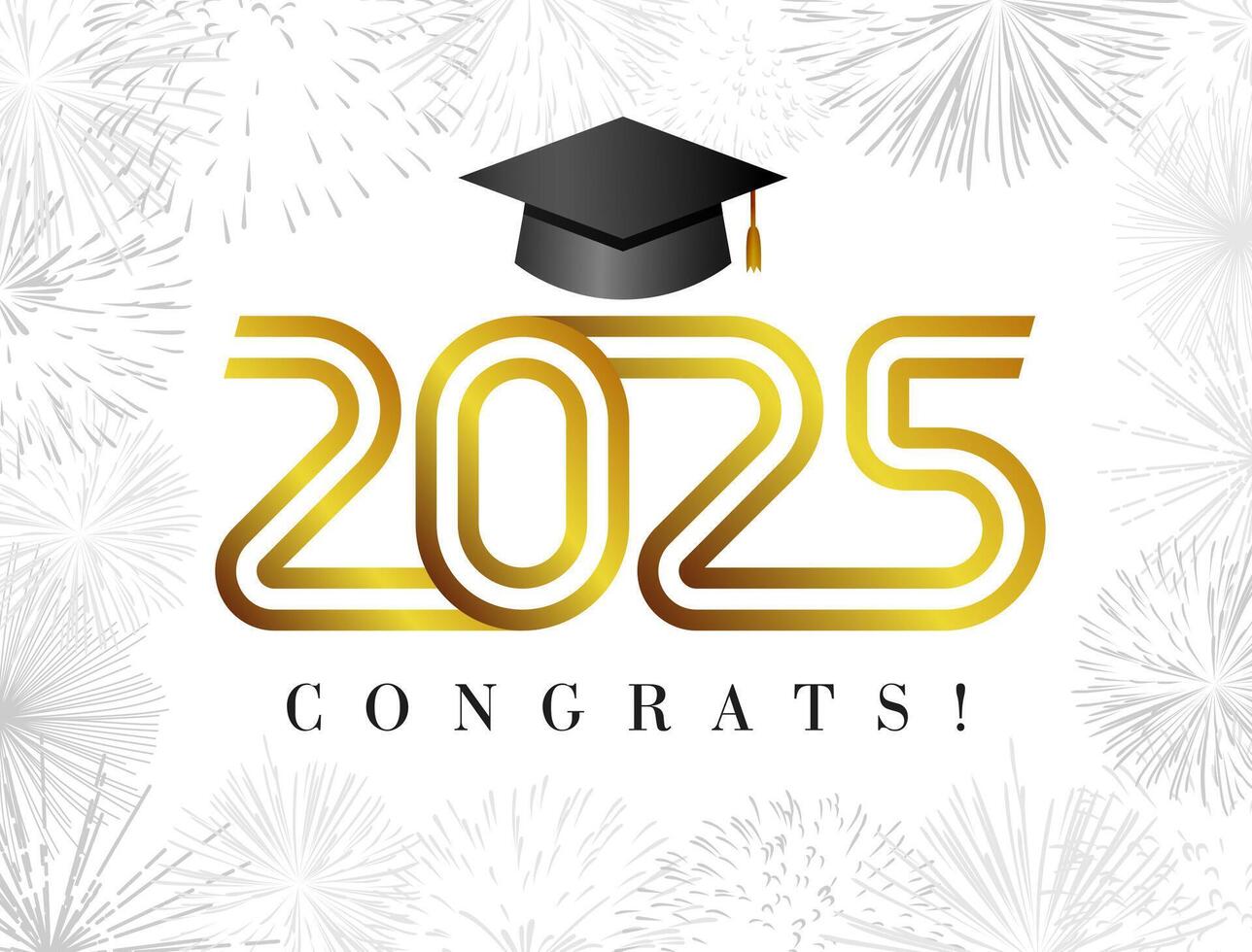 School banner for graduating event 2025. Prom poster. Invitation design. Class of 2025 congratulations template with golden, black and white colors. Greeting card concept. Creative typography vector