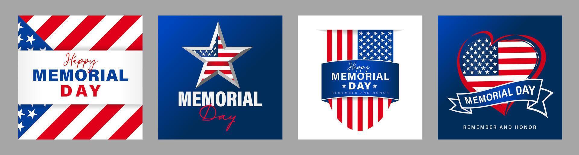Happy Memorial Day greeting cards, set of elements vector