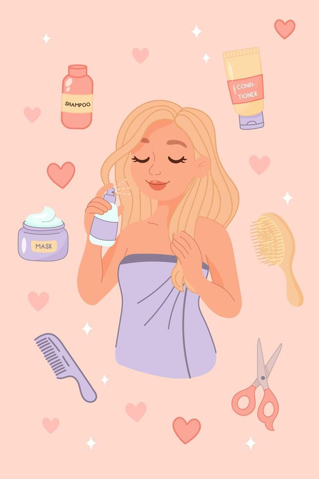 Blonde woman using haircare products with beauty accessories vector