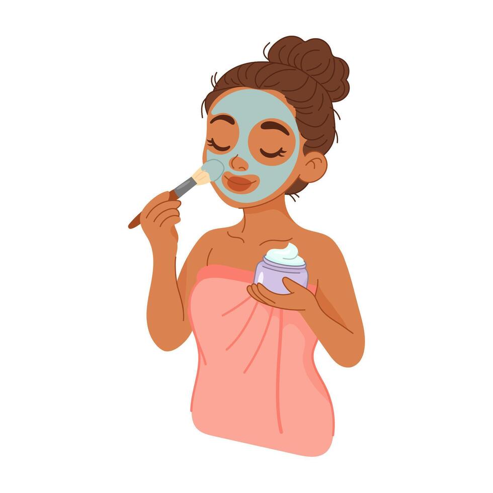 Woman applying facial mask with brush during beauty routine vector