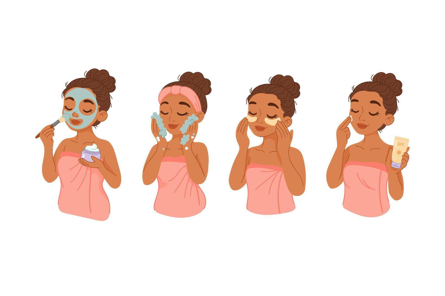 Woman doing step by step facial skincare routine process vector