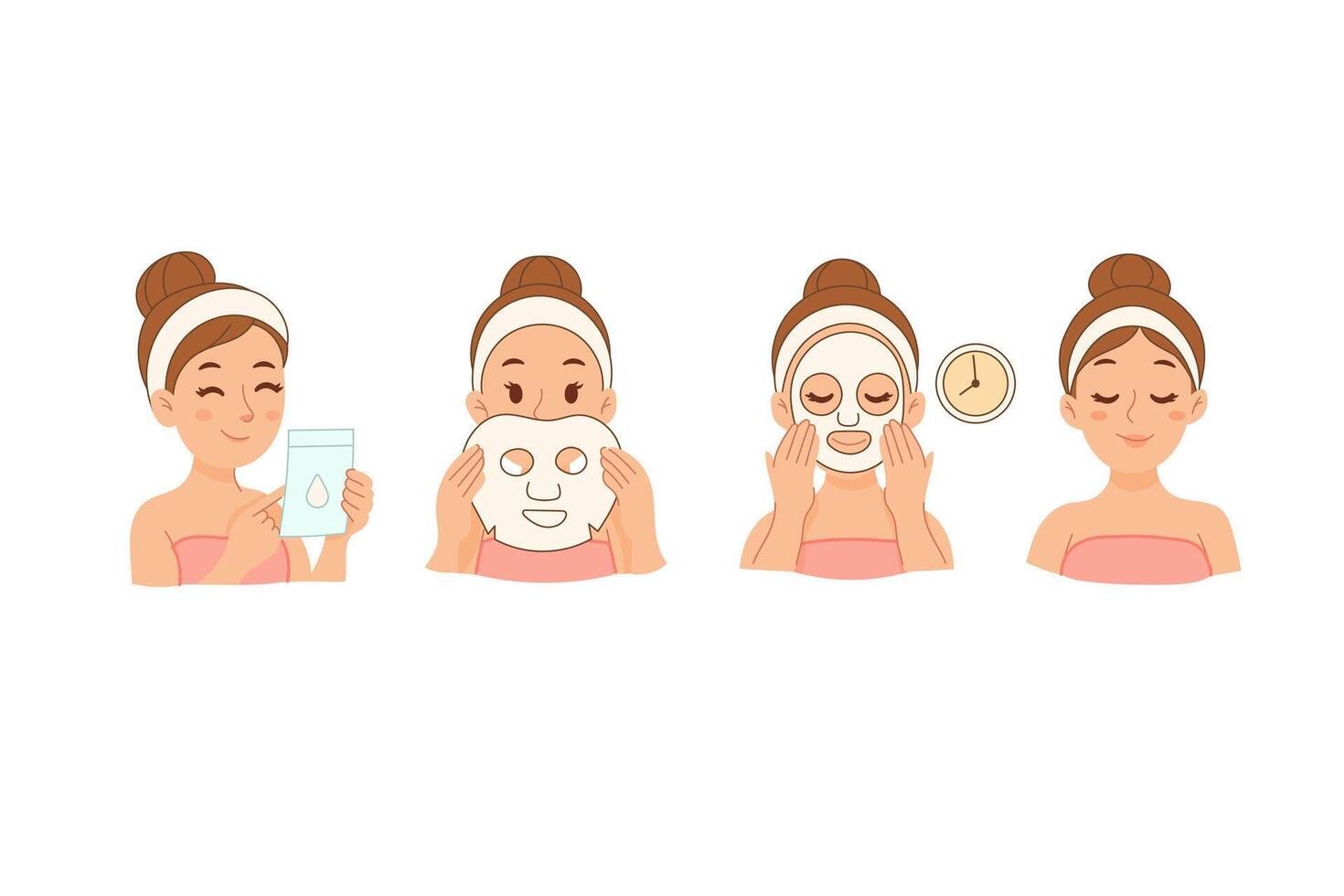 Girl applying moisturizing face sheet mask in skincare steps vector