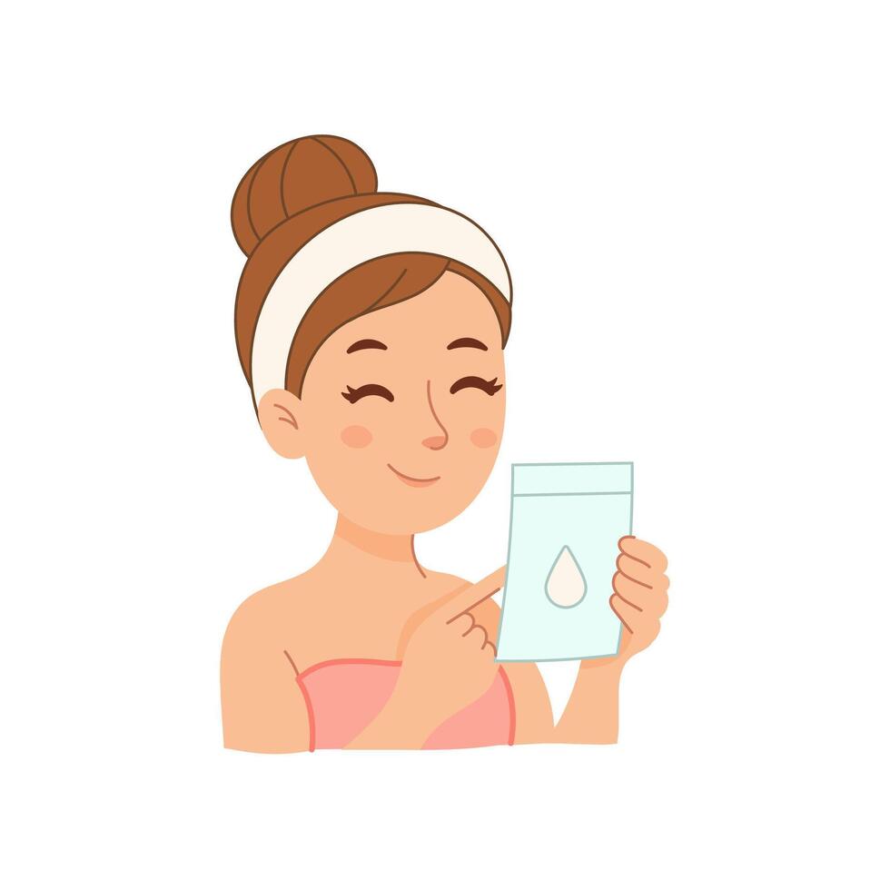 Girl holding moisturizing sheet mask pack and smiling softly vector