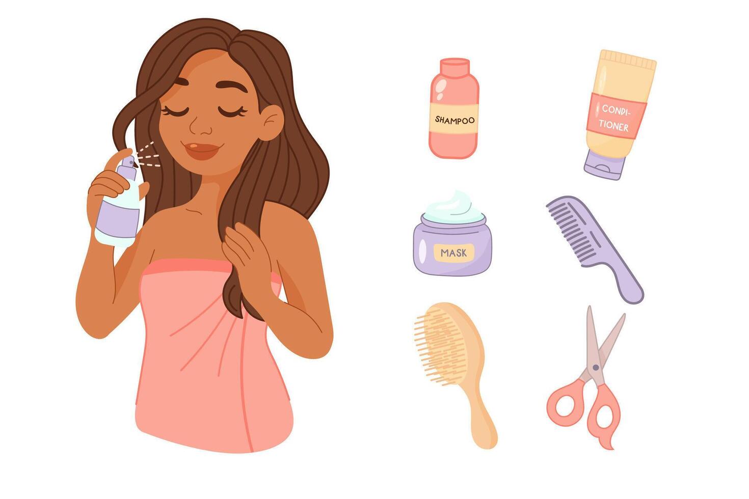 Woman using haircare products with various cosmetic tools vector