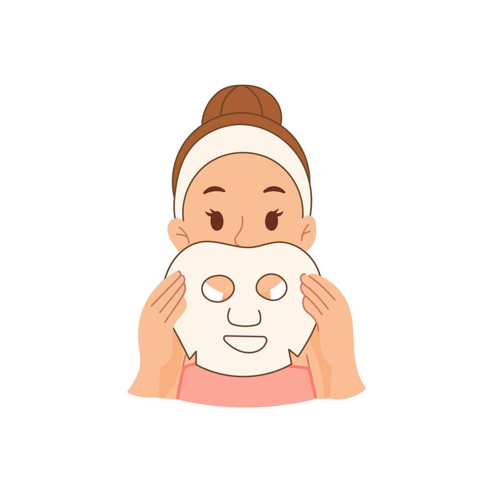 Young woman preparing to apply sheet mask on face vector