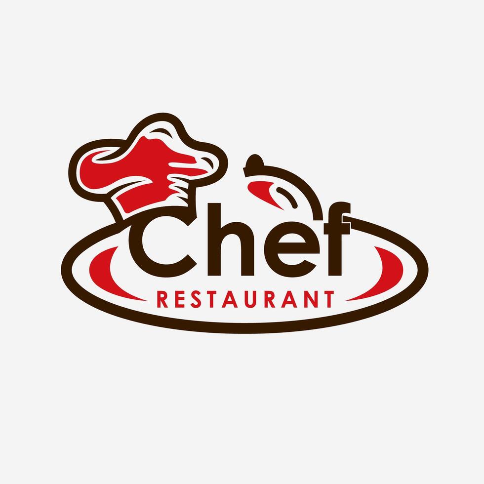 Chef Restaurant Logo with Red Chef Hat and Serving Tray line concept vector