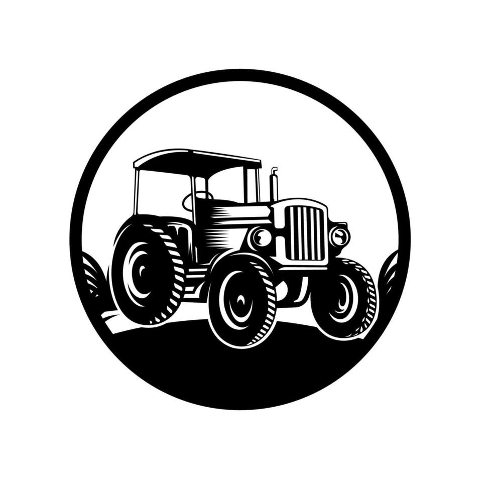 Black and White Vintage Tractor Illustration in Circular Frame vector