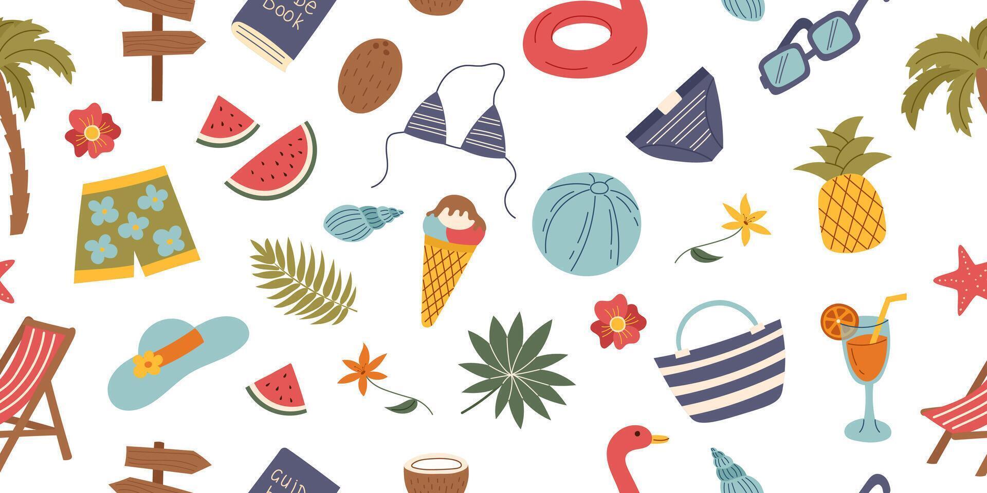 Seamless travel pattern with summer beach objects isolated on white. vector