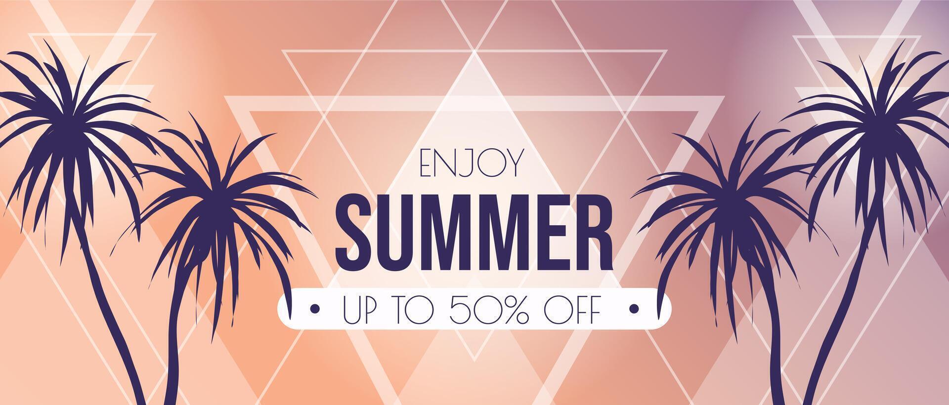 Summer horizontal sale banner. Shopping promotion poster template with tropical palm tree silhouettes, retro invitation with island beach nature and geometric triangle shapes. illustration. vector