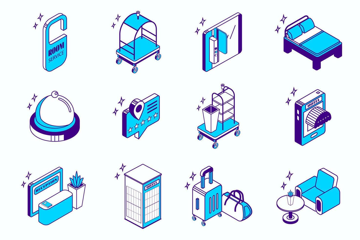 Hotel infrastructure concept 3d isometric icons set for web isometry design. Collection elements of room service, door key, bed, restaurant, rating, cleaning, online booking, more. illustration vector