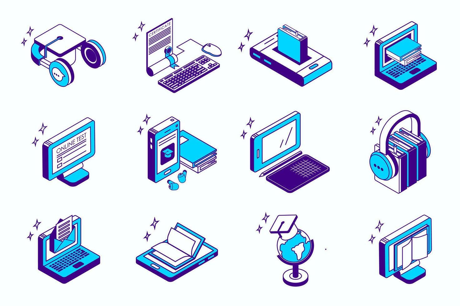Online education concept 3d isometric icons set for web isometry design. Collection elements of course, certificate, e-learning, ebook, test, homework, audio lesson, more. illustration. vector