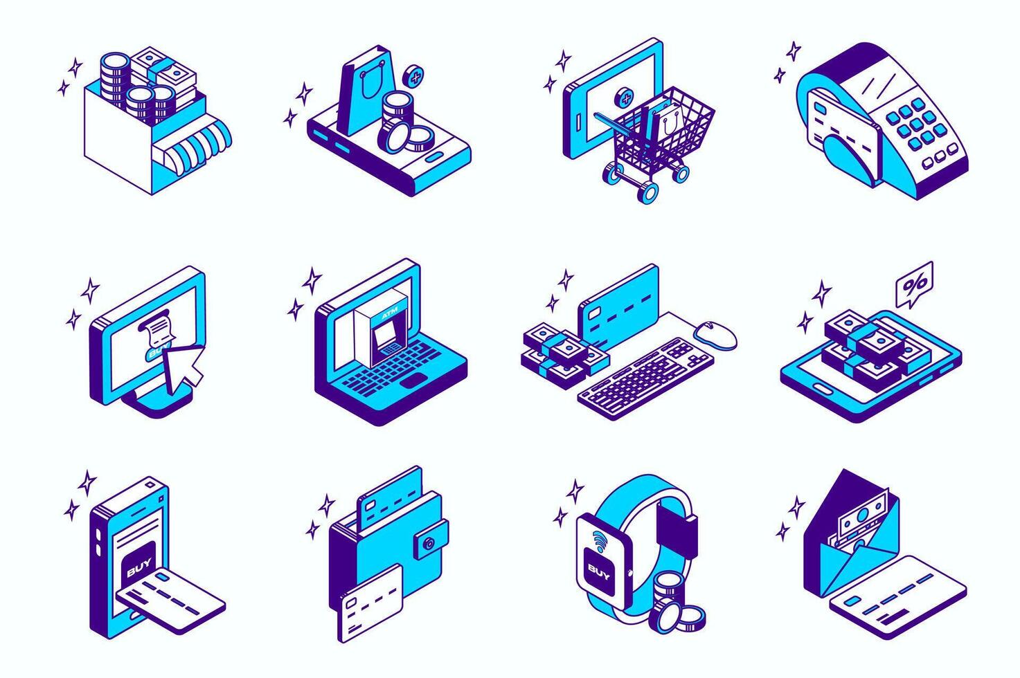 E-commerce platform concept 3d isometric icons set for web isometry design. Collection elements of online shopping, terminal with bill, credit card, internet payment, sale, more. illustration. vector
