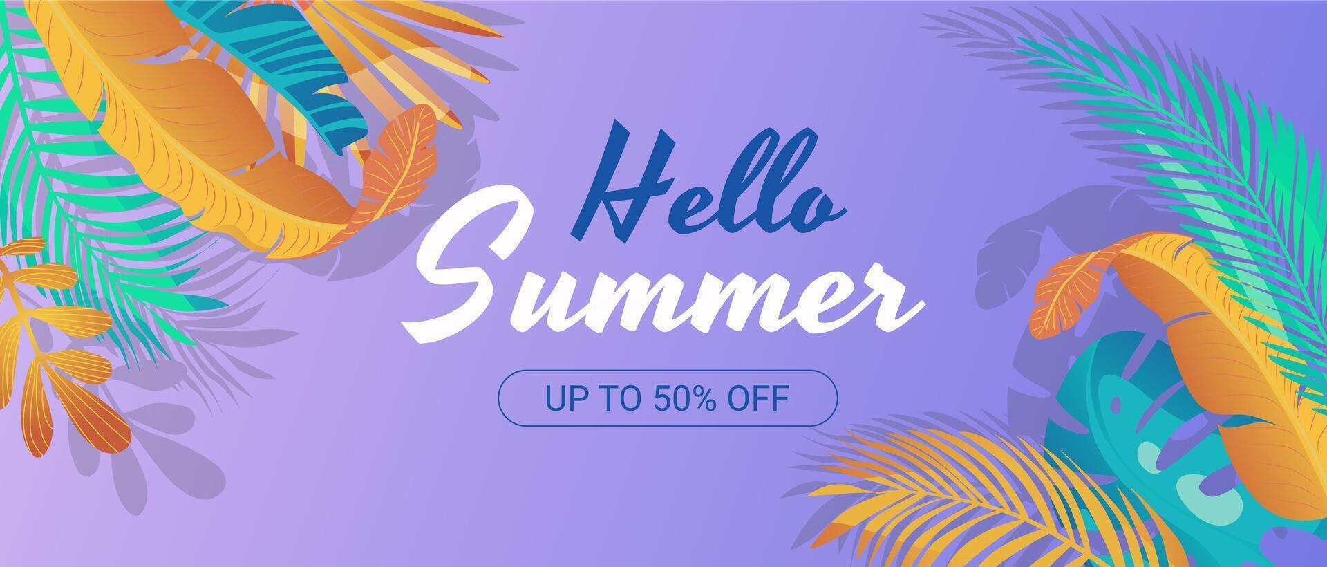 Summer horizontal sale banner. Shopping promotion poster template with colourful tropical palm leaflets, lush monstera leaves, abstract exotic jungle foliage, botanical frames. illustration. vector