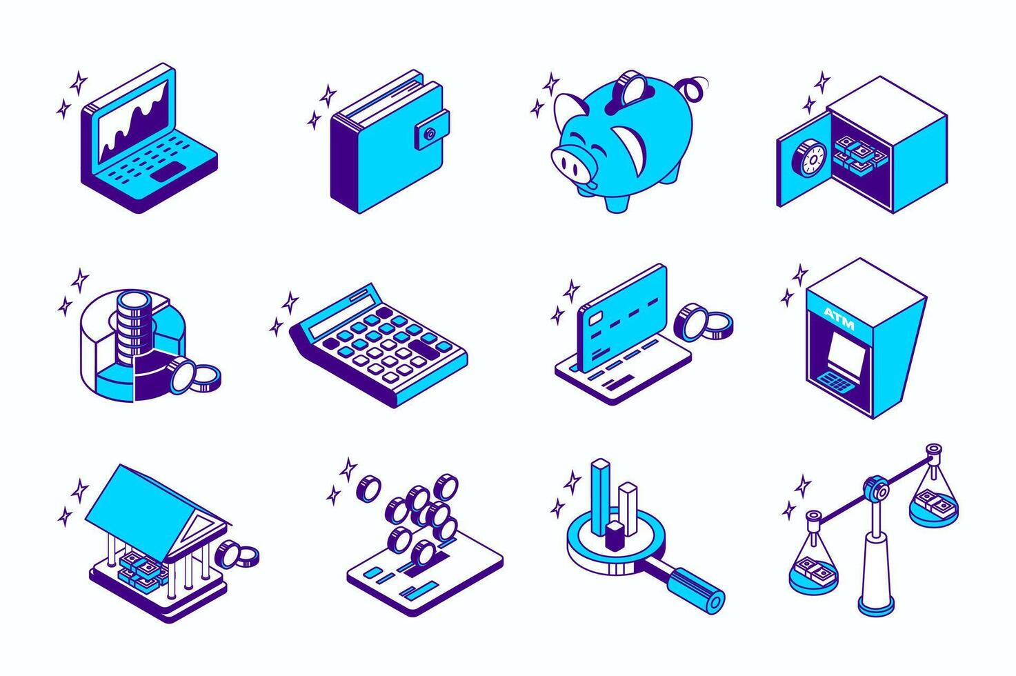 Finance management concept 3d isometric icons set for web isometry design. Collection elements of graphs, finance, piggy bank, banking safe, money, calculator, credit card, more. illustration. vector