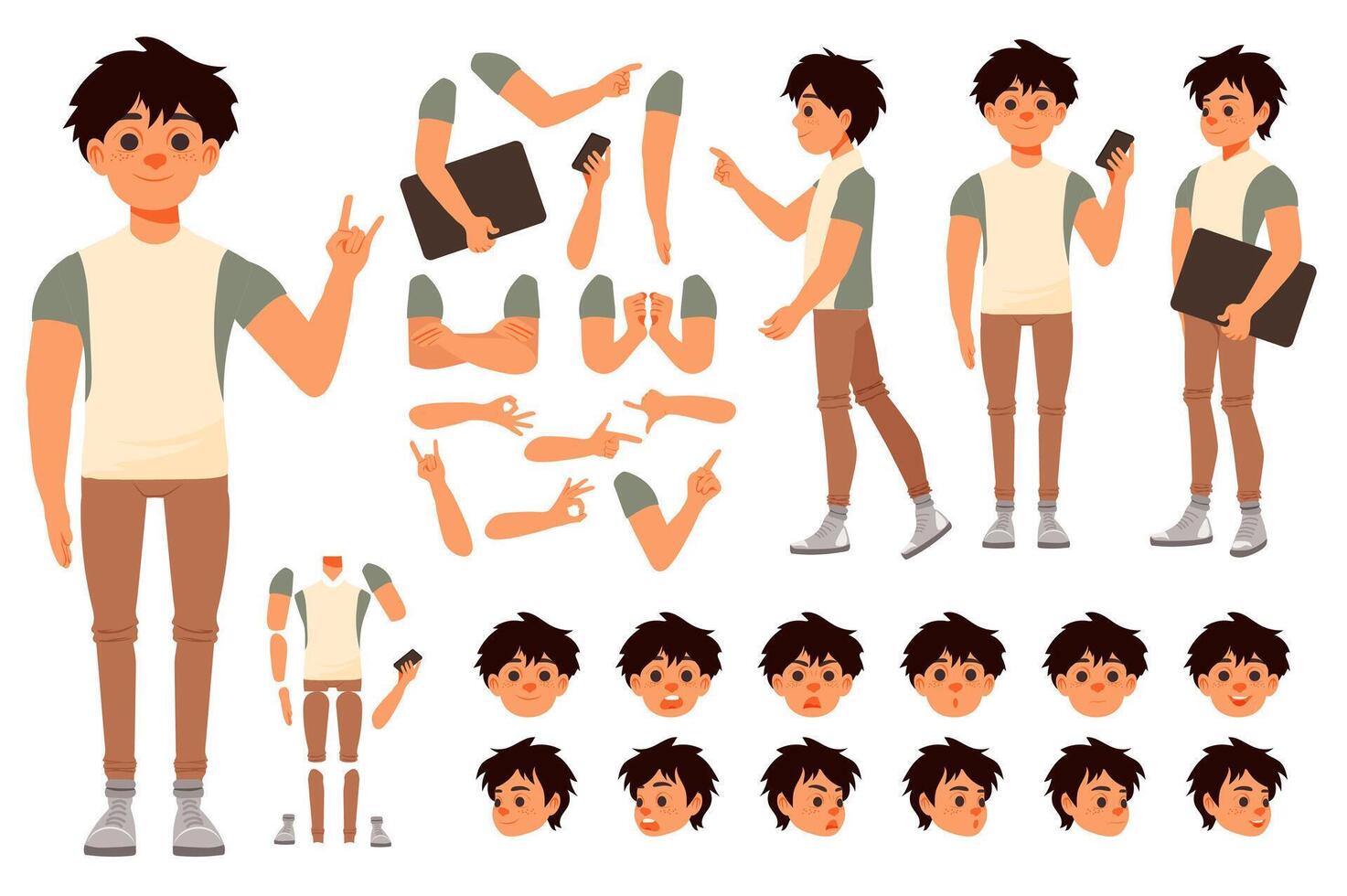 Teenage boy character constructor for animation with parts set. Customized people collection with teenager poses, facial expressions heads, arms with phone, laptop, gesture, more. illustration. vector