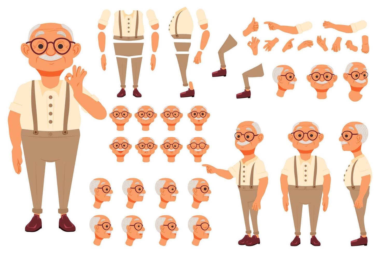 Grandfather character constructor for animation with parts set. Customized people collection with elderly man poses, facial expressions heads with glasses, gesturing arms, more. illustration. vector