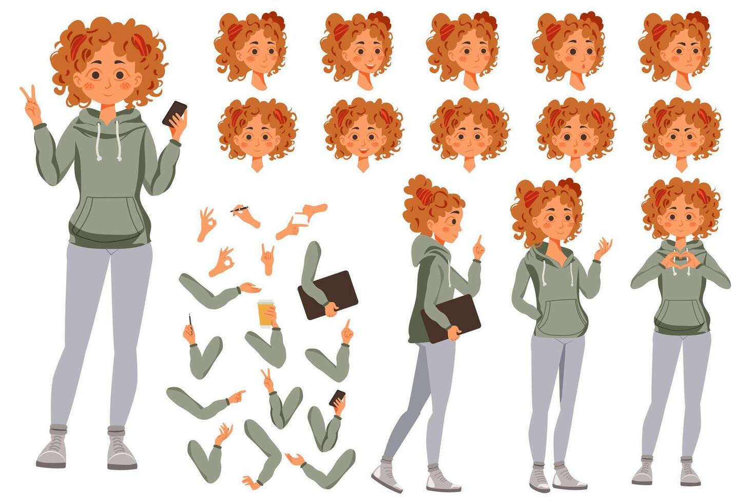 Teenage girl character constructor for animation with parts set. Customized people collection with teenager poses, facial expressions heads, arms with phone, gesture, more. illustration. vector