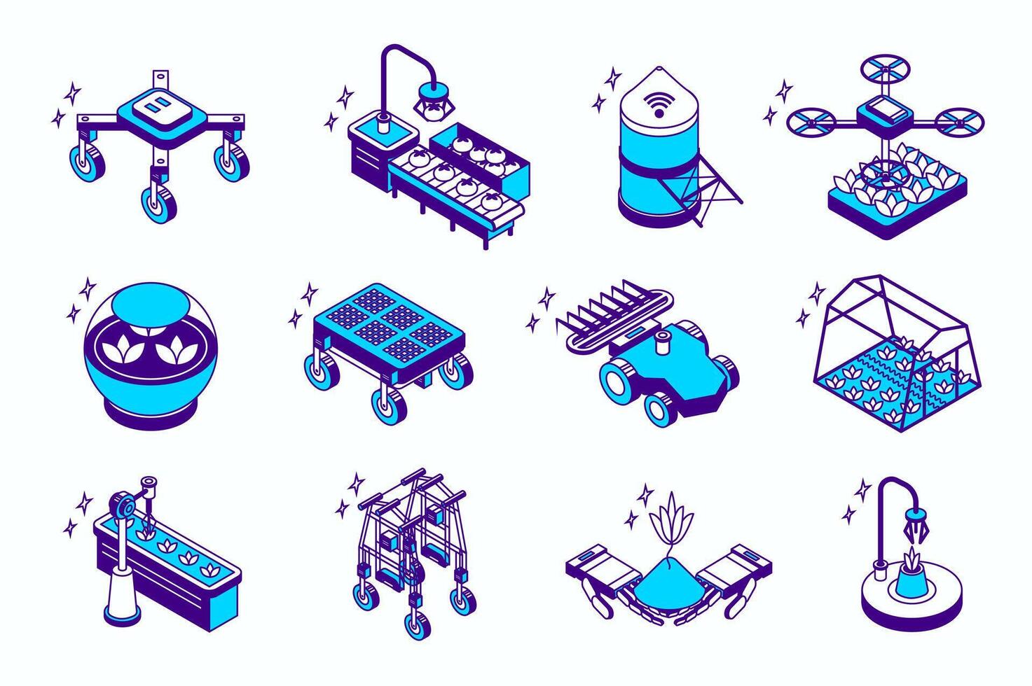 Agriculture robotization concept 3d isometric icons set for web isometry design. Collection elements of drone, conveyor belt with robotic arms, robot technology, automation, more. illustration. vector
