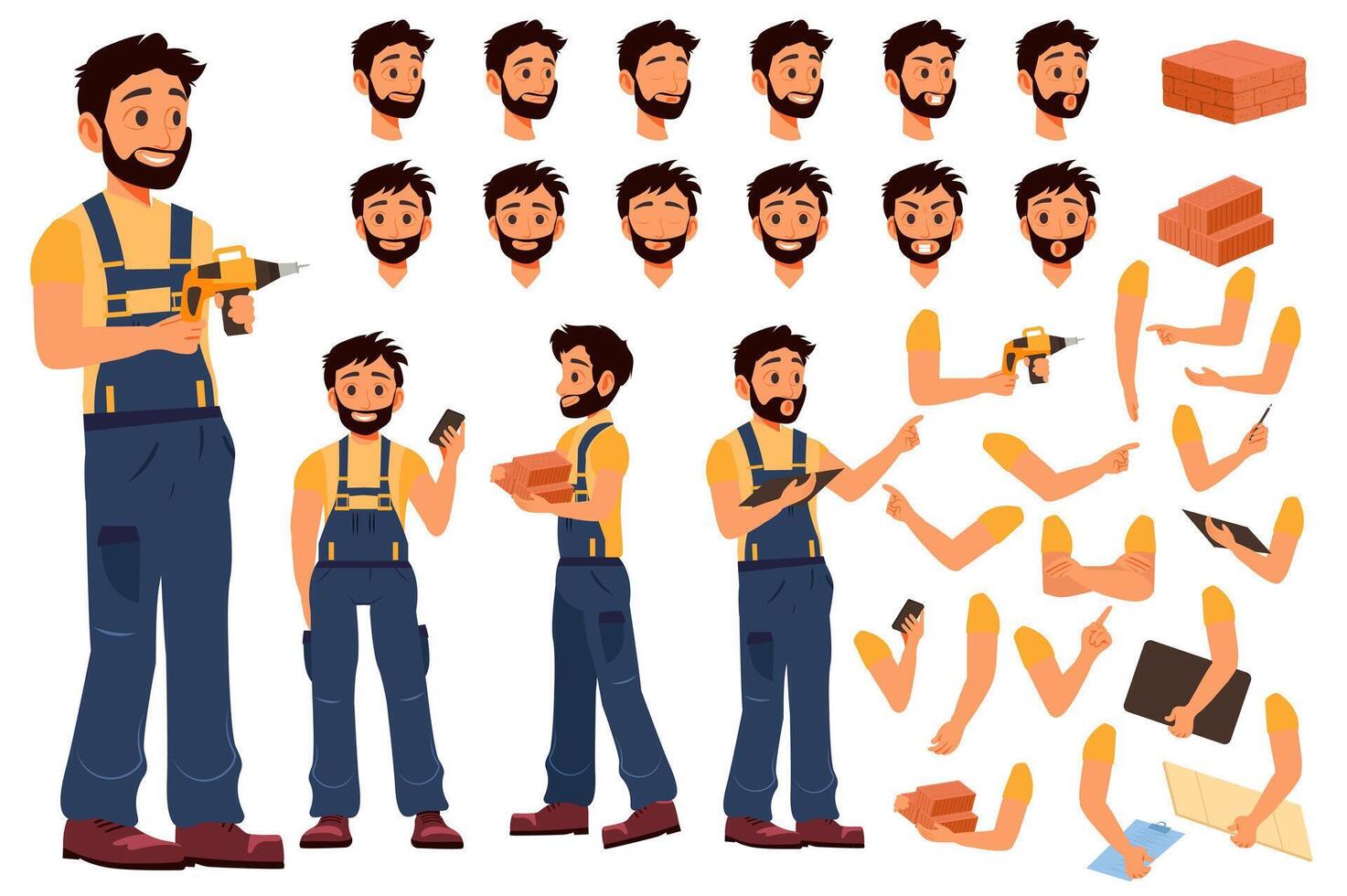 Builder character constructor for animation with parts set. Customized people collection with handyman poses, facial expressions heads, arms with tools, bricks, blueprint, more. illustration. vector