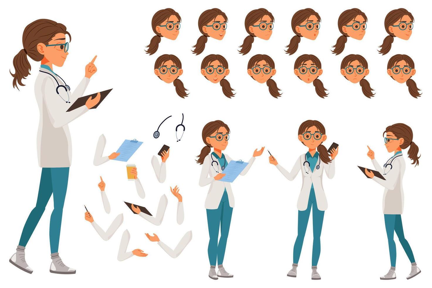 Nurse character constructor for animation with parts set. Customized people collection with woman doctor poses, facial expressions heads, arms with tablet, coffee, phone, more. illustration. vector