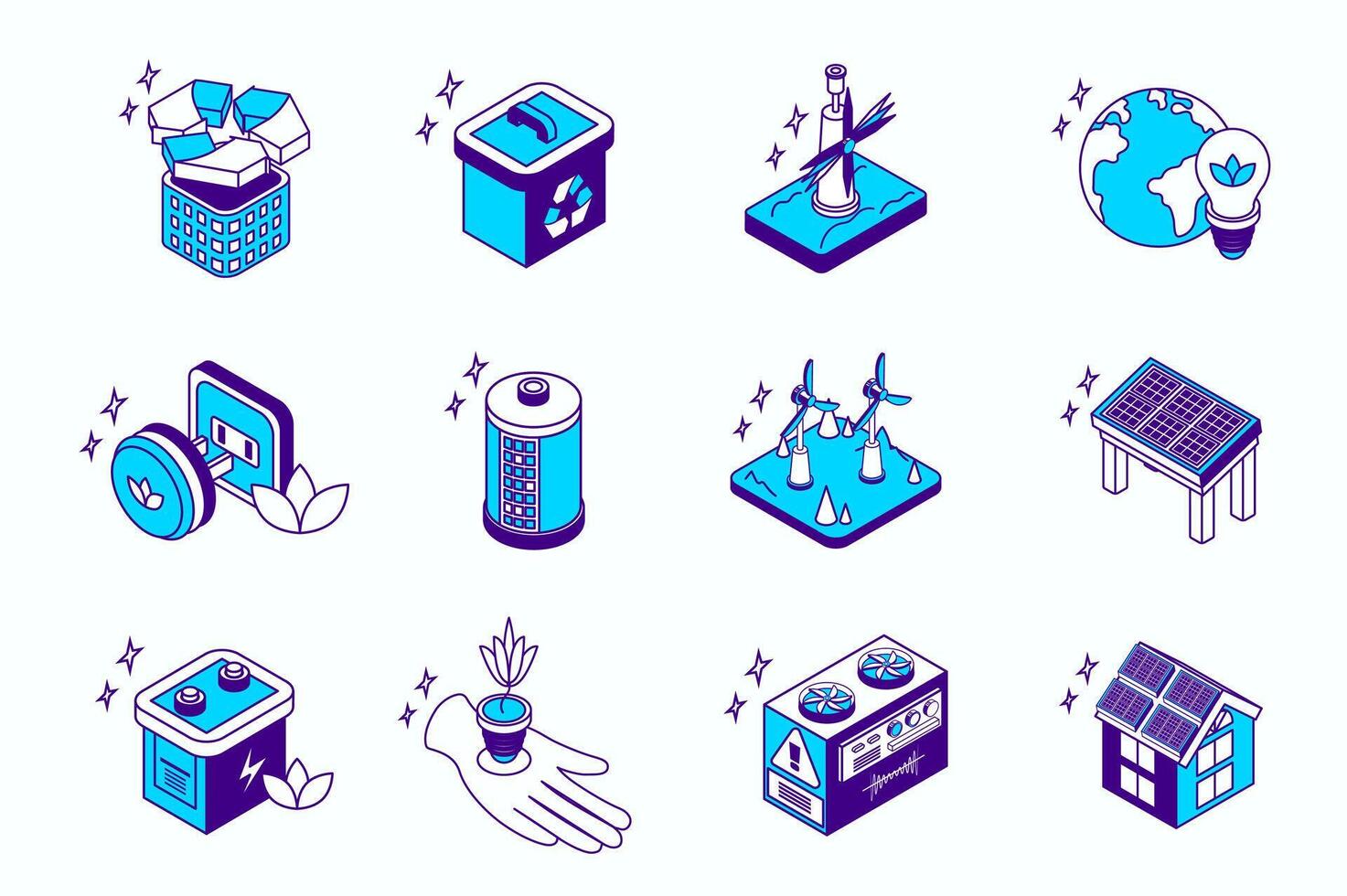 Clean energy concept 3d isometric icons set for web isometry design. Collection elements of recycling, wind turbine, global electricity, battery, solar panel, smart home, more. illustration. vector
