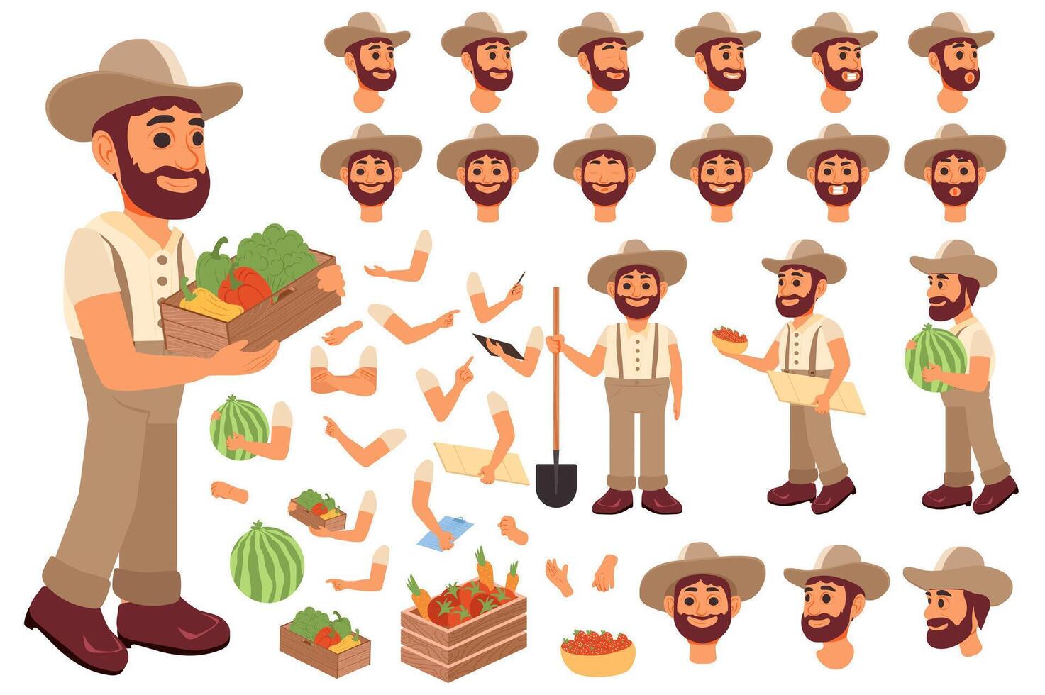Farmer character constructor for animation with parts set. Customized people collection with man poses, facial expressions heads in hats, arms holding harvest, vegetables, more. illustration. vector