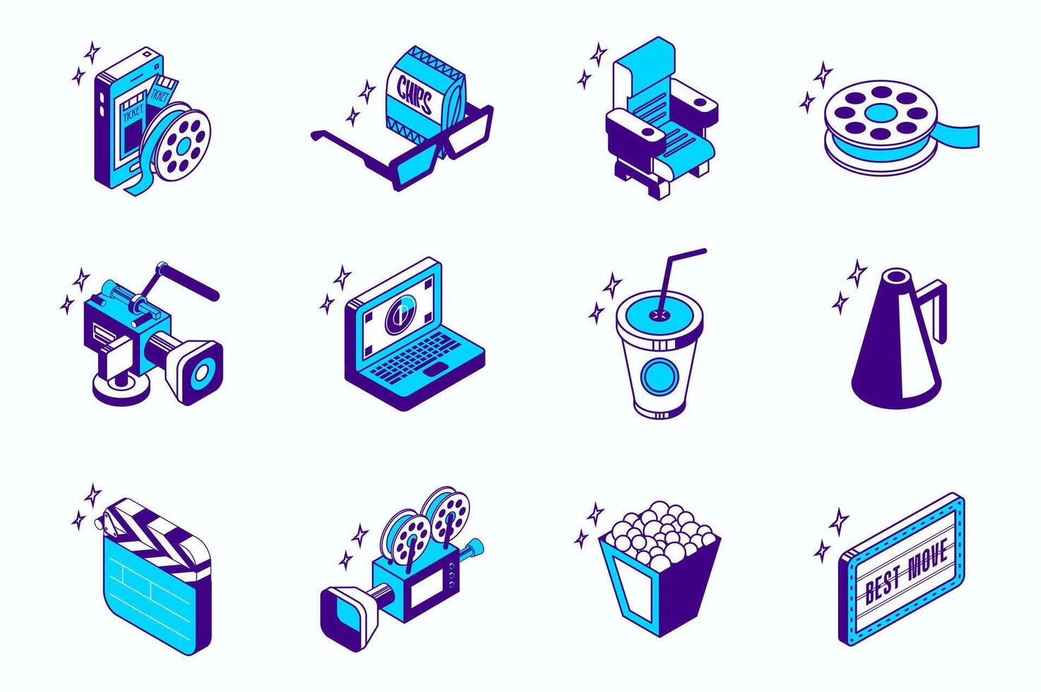 Movie production concept 3d isometric icons set for web isometry design. Collection elements of tickets, filmstrip, glasses, snacks, cinema seat, camera, at laptop, more. illustration. vector