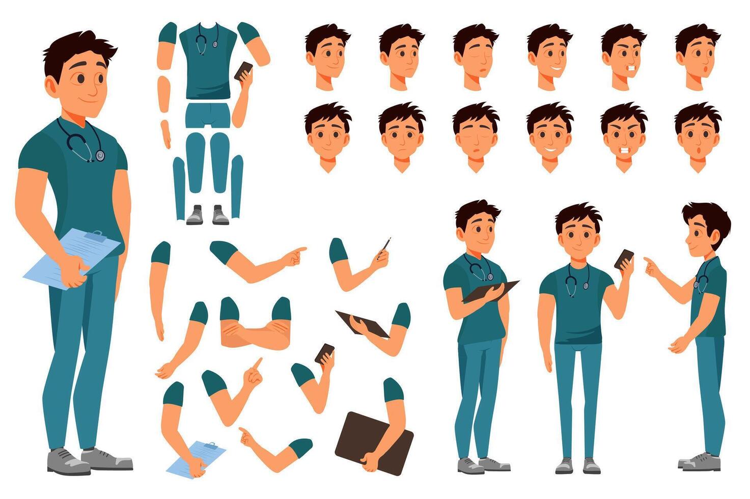 Doctor character constructor for animation with parts set. Customized people collection with male physician poses, facial expressions heads, arms with tablet, stethoscope, more. illustration. vector
