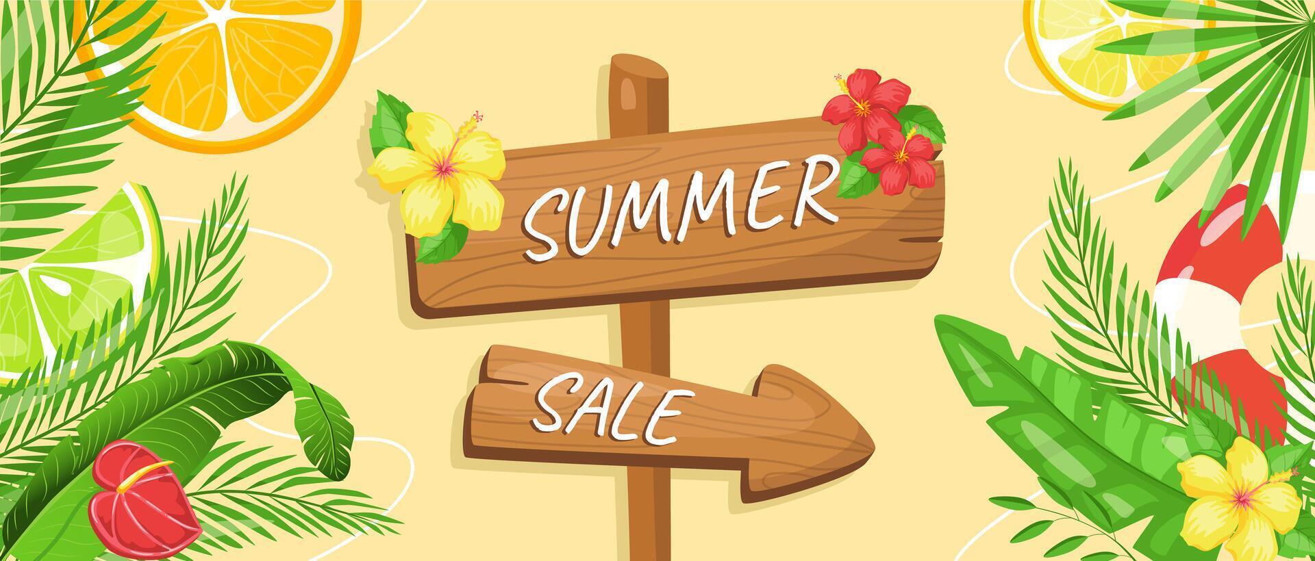 Summer horizontal sale banner. Shopping promotion poster template with signpost directions, hibiscus and calla lily flowers, green lush palm leaves, slices of orange, lemon, lime. illustration. vector