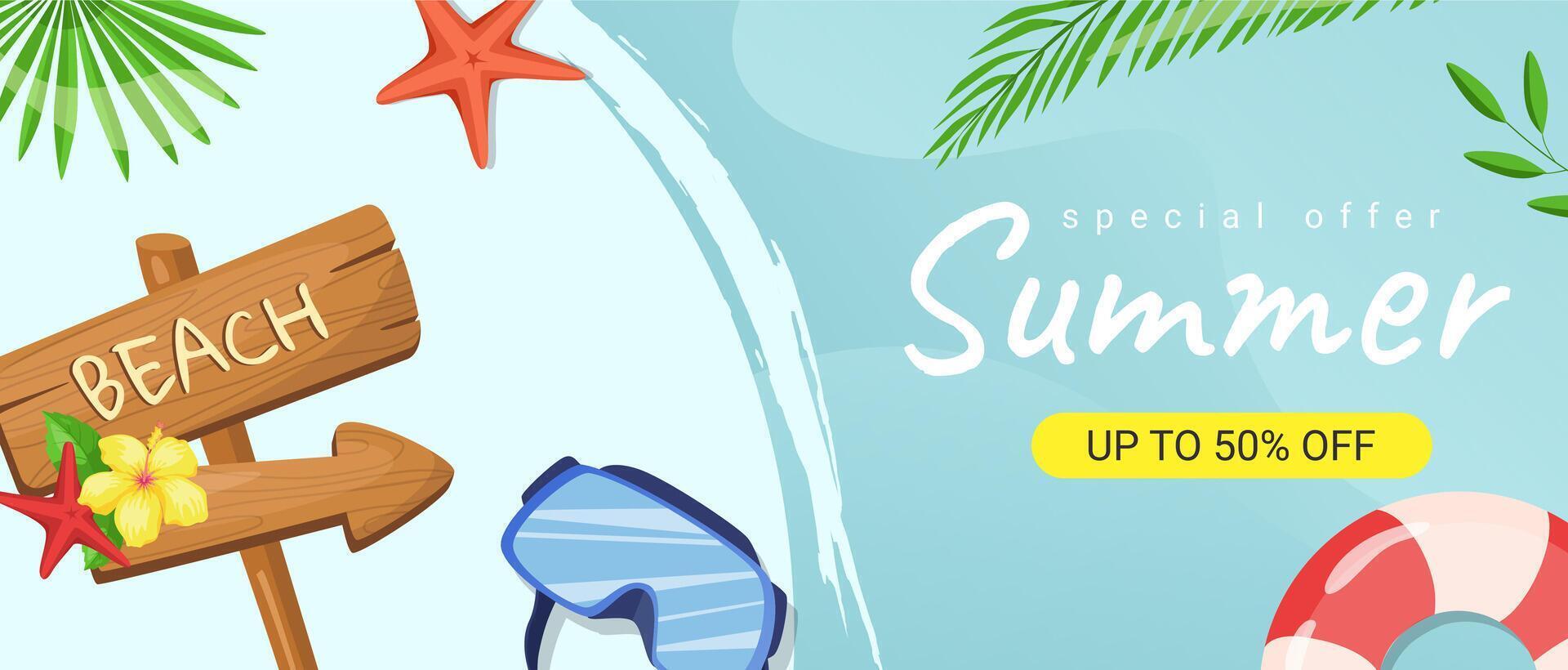 Summer horizontal sale banner. Shopping promotion poster template with tropical palm leaves, hibiscus flower, starfish, diving mask, inflatable simring, beach signpost arrow. illustration. vector