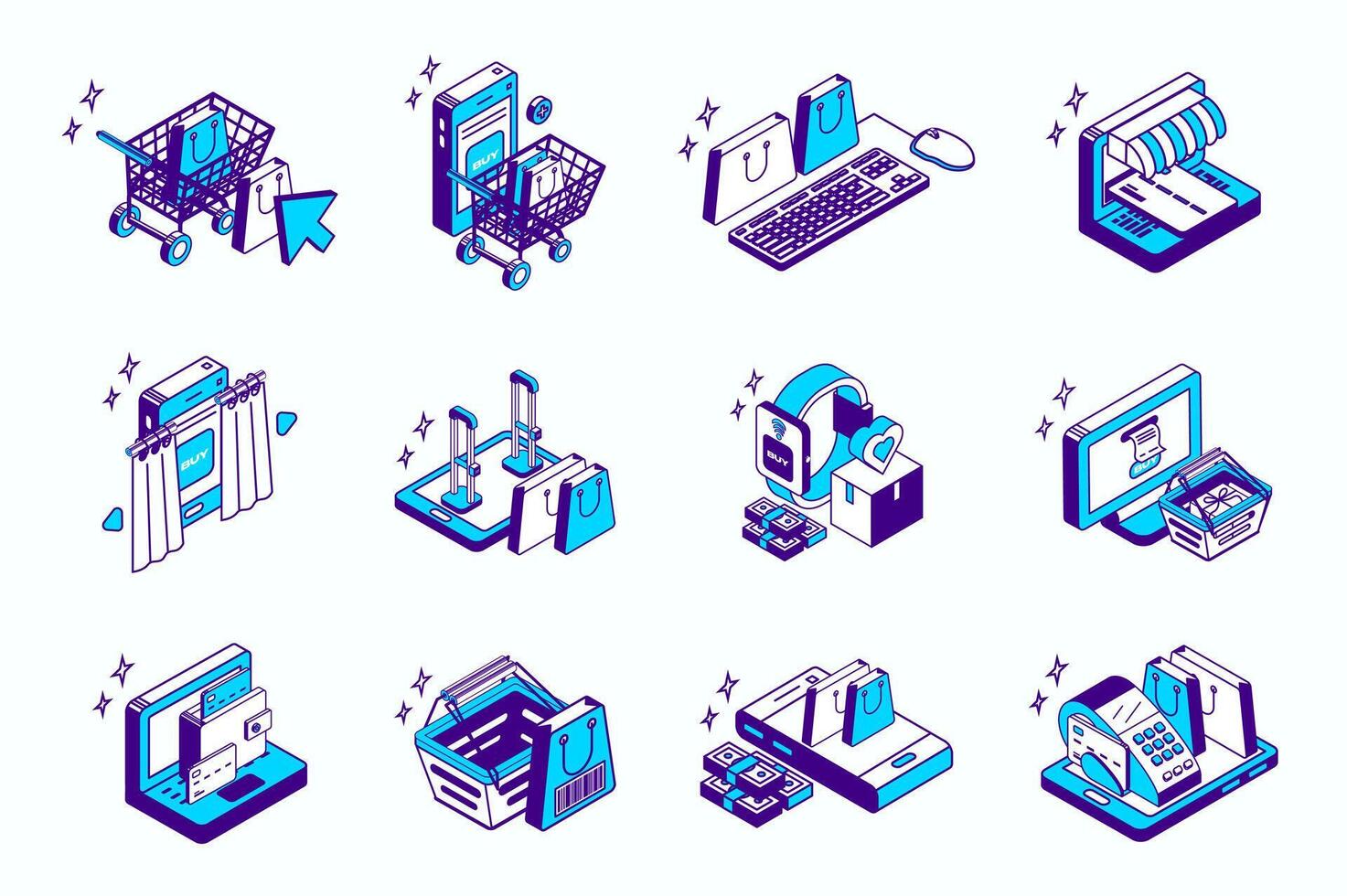 Online shopping concept 3d isometric icons set for web isometry design. Collection elements of order in cart, credit card payment, sale in store, internet shop, e-commerce, more. illustration. vector