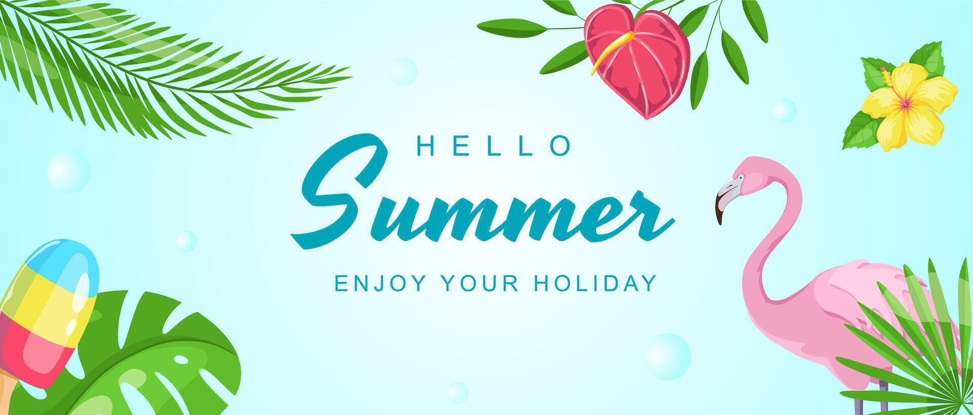 Summer horizontal sale banner. Shopping promotion poster template with tropical palm and monstera leaves, hibiscus and calla lily flowers, fruit ice cream, pink flamingo bird. illustration. vector