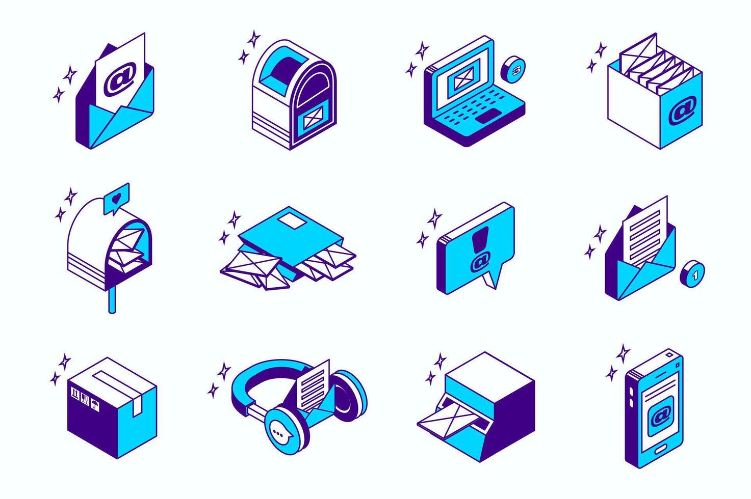 Email service concept 3d isometric icons set for web isometry design. Collection elements of letter envelope, mailbox, internet message, contact, mail, connection, support, more. illustration. vector