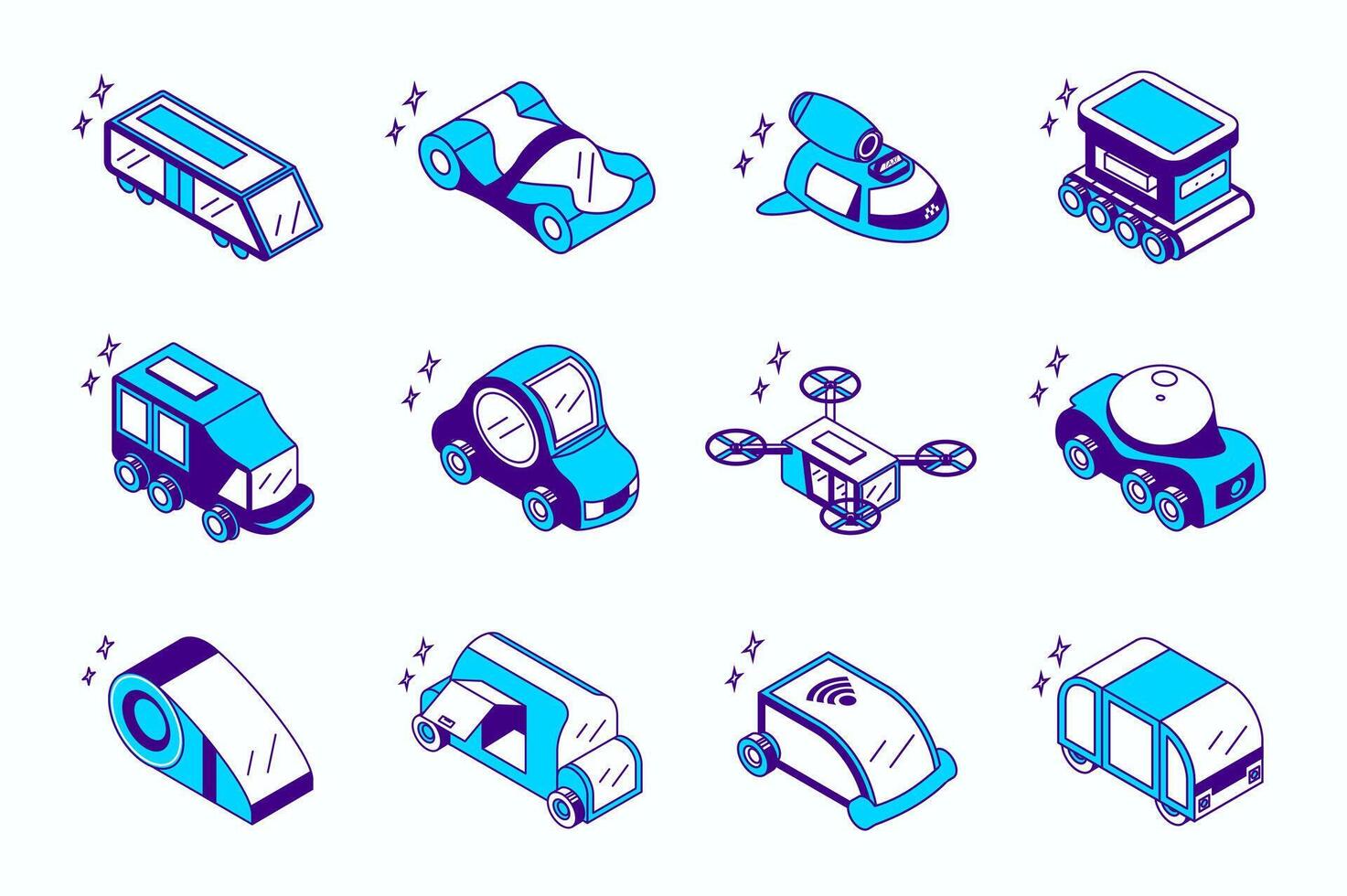 Autonomous vehicles concept 3d isometric icons set for web isometry design. Collection elements of driverless train, electric car, flying drone, wireless smart transport, more. illustration. vector
