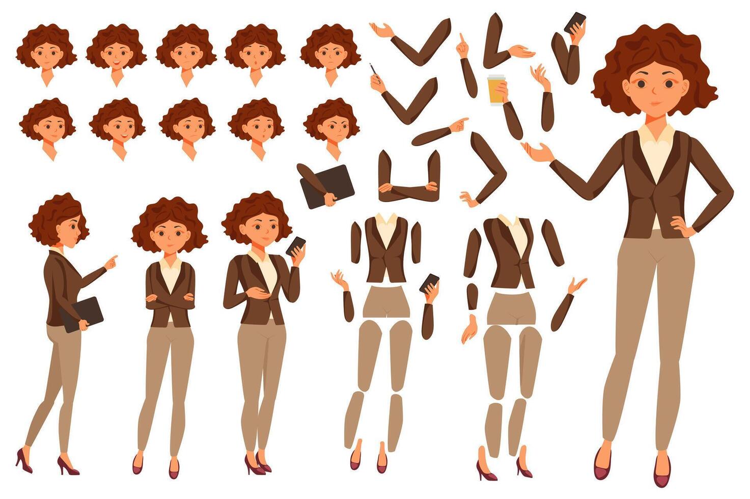 Businesswoman character constructor for animation with parts set. Customized people collection with woman poses, facial expressions heads, arms with phone, folder, coffee, more. illustration. vector