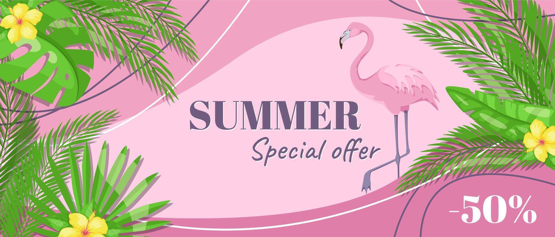 Summer horizontal sale banner. Shopping promotion poster template with green lush silhouettes of tropical palms foliage and monstera leaves, jungle leaflets and pink flamingo. illustration. vector