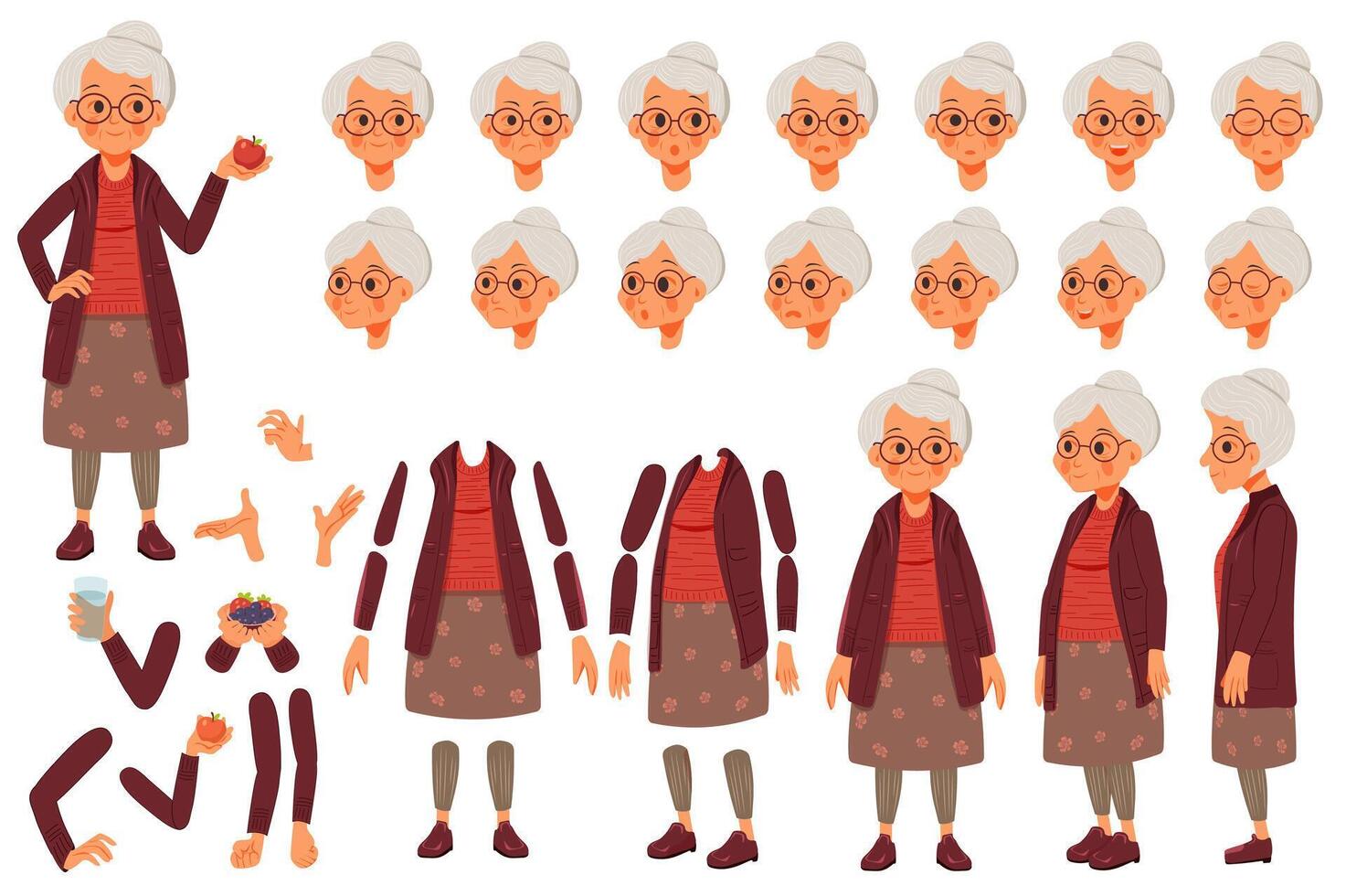 Grandmother character constructor for animation with parts set. Customized people collection with elderly woman poses, facial expressions heads with glasses, gesturing arms, more. illustration. vector