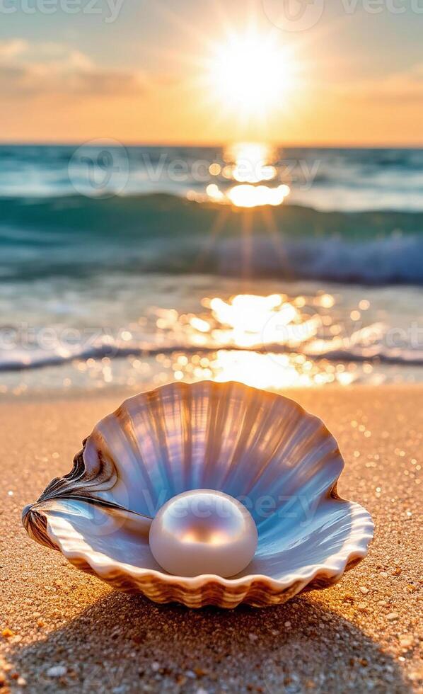 A pearl in a shell on the beach at sunset photo