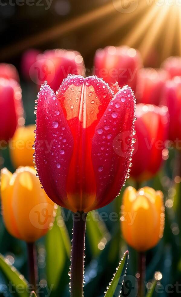 Red and yellow tulips with water droplets on them photo