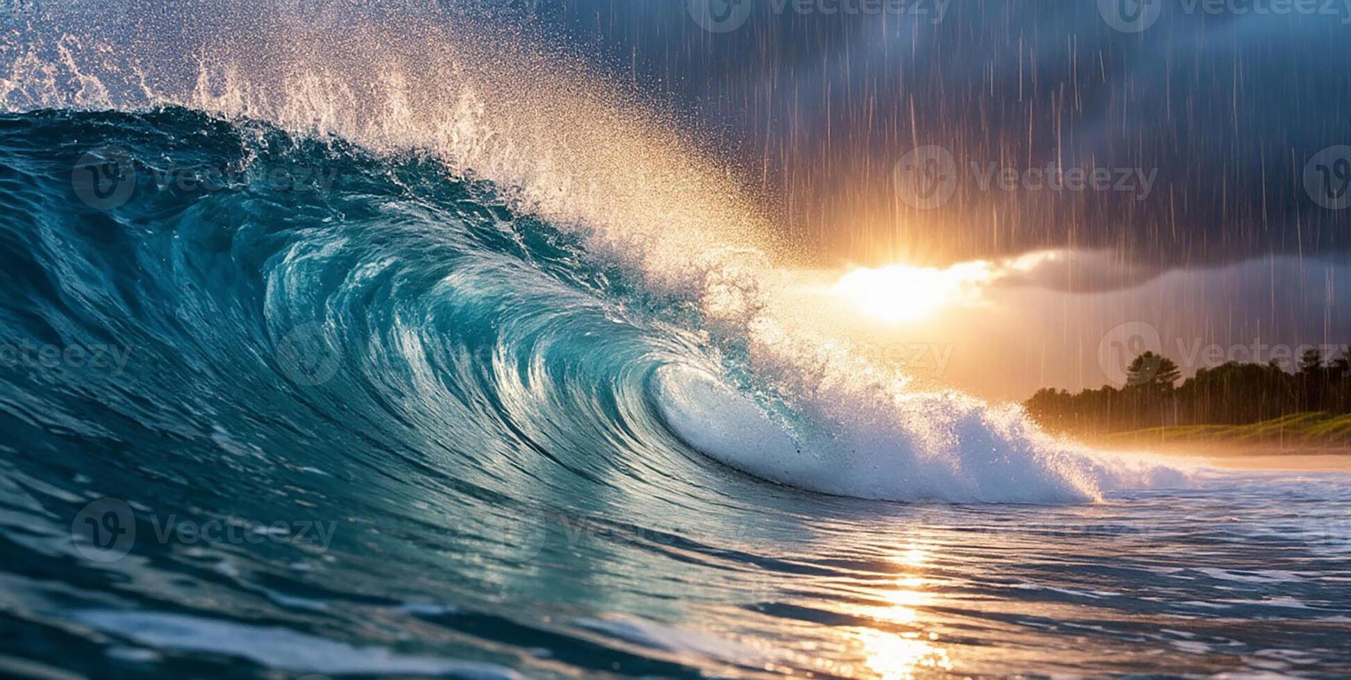A wave breaking on the ocean at sunset photo