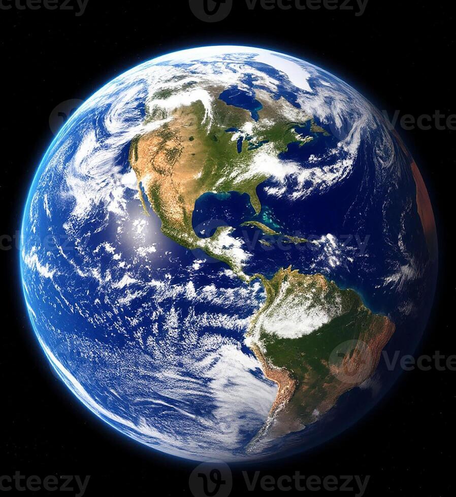 Earth viewed from space showing the Western Hemisphere, with North and South America prominently visible photo