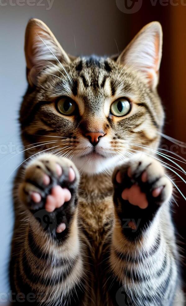 A cat is standing up with its paws up photo