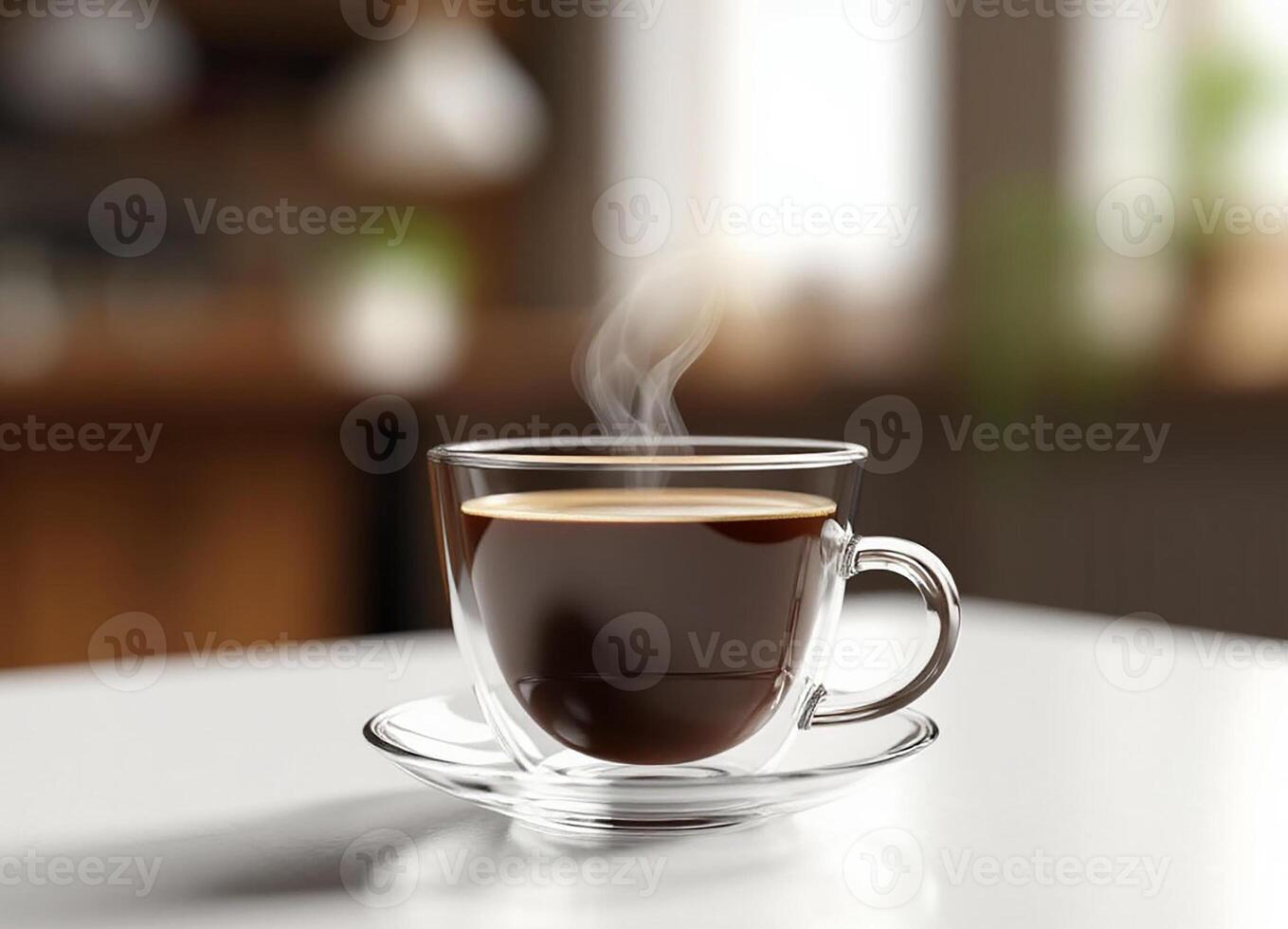 A cup of coffee on a table with a wooden background photo