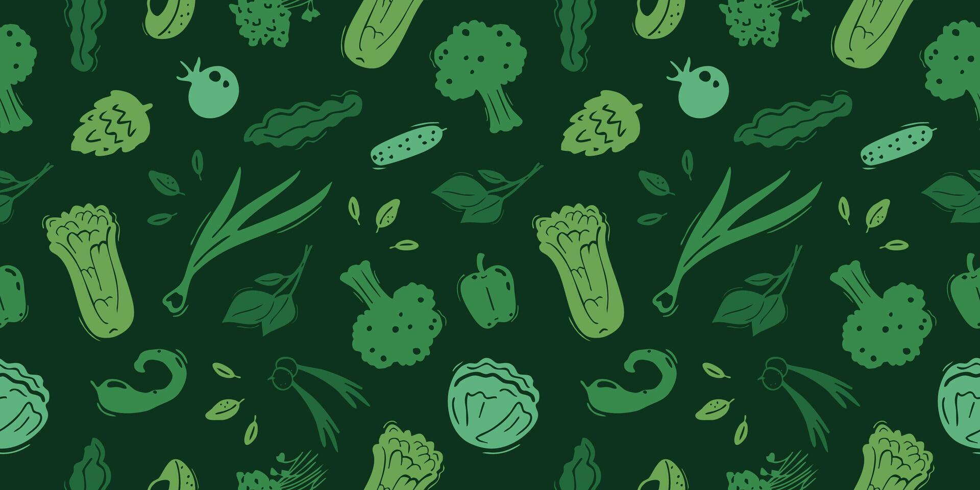 Seamless pattern with green vegetables, healthy food ingredients, cabbages and onions, peppers and avocados. Wrapping paper and textile design. illustration. vector