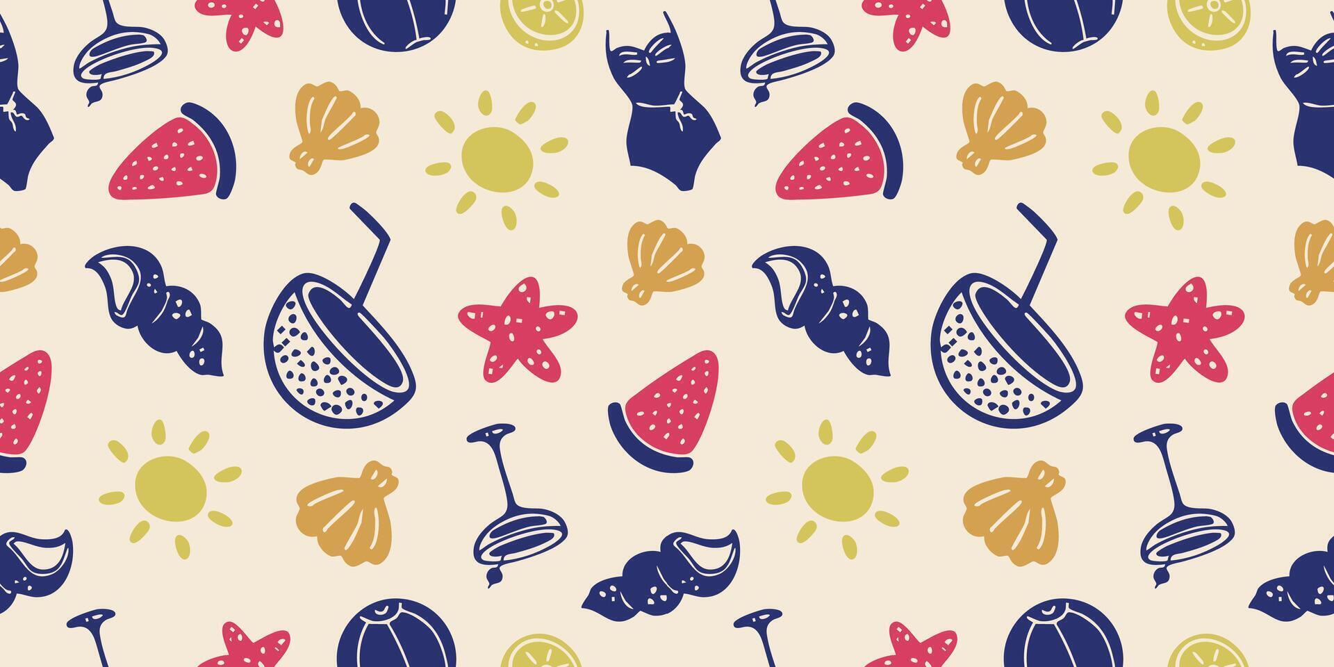 Summertime beach seamless pattern with sea and relax symbols, fruits, swimsuits and seashells. graphic wallpaper, textile design and wrapping papers. vector