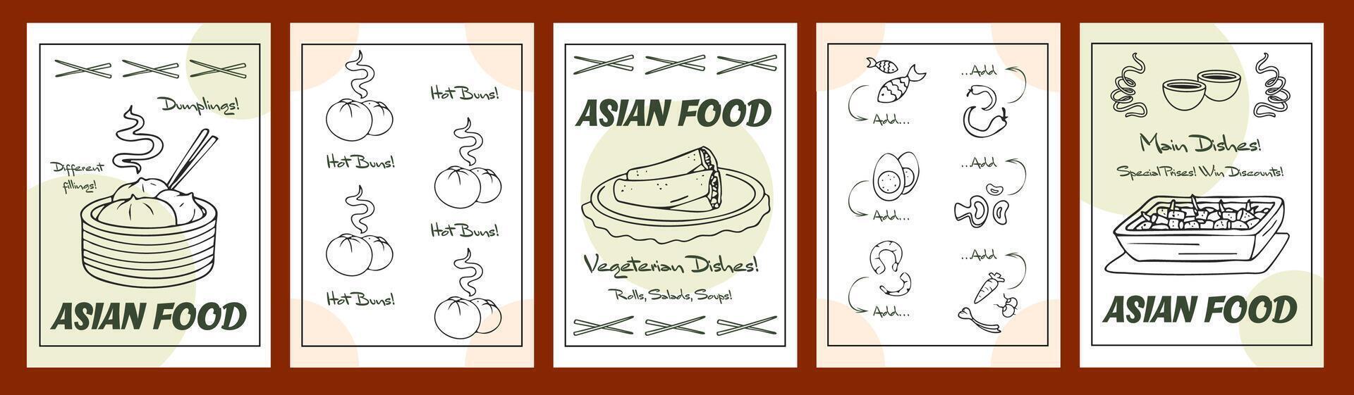 Asian food posters with freehand drawing, graphic line art dishes, buns, dumplings, rolls, sushi cafe advertise. Stickers, design decorations, restaurant menu's art. illustration. vector