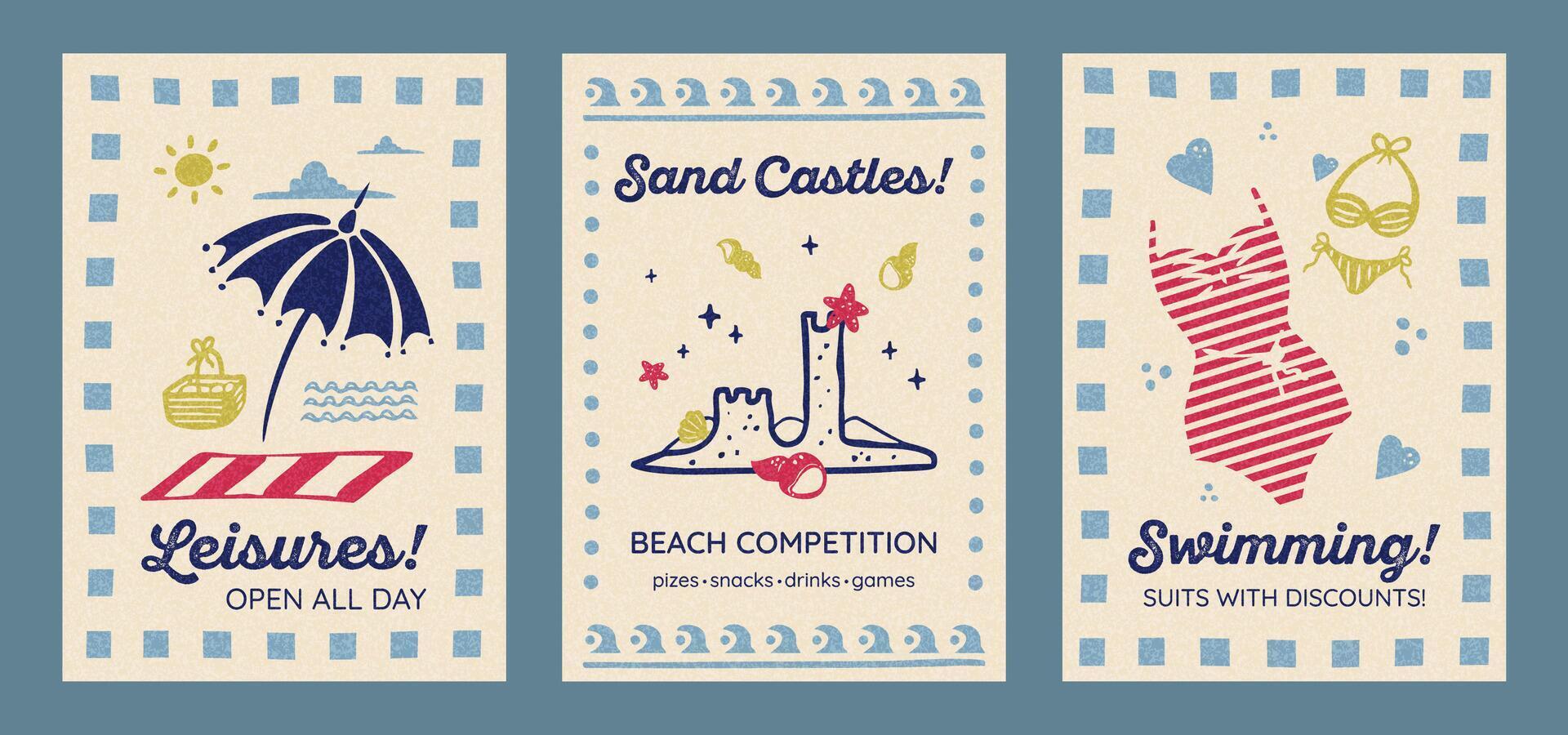Summer beach leisure posters with umbrella, sand castles, swimsuits and grainy textures. Advertises and flat cards, retro illustrations. vector