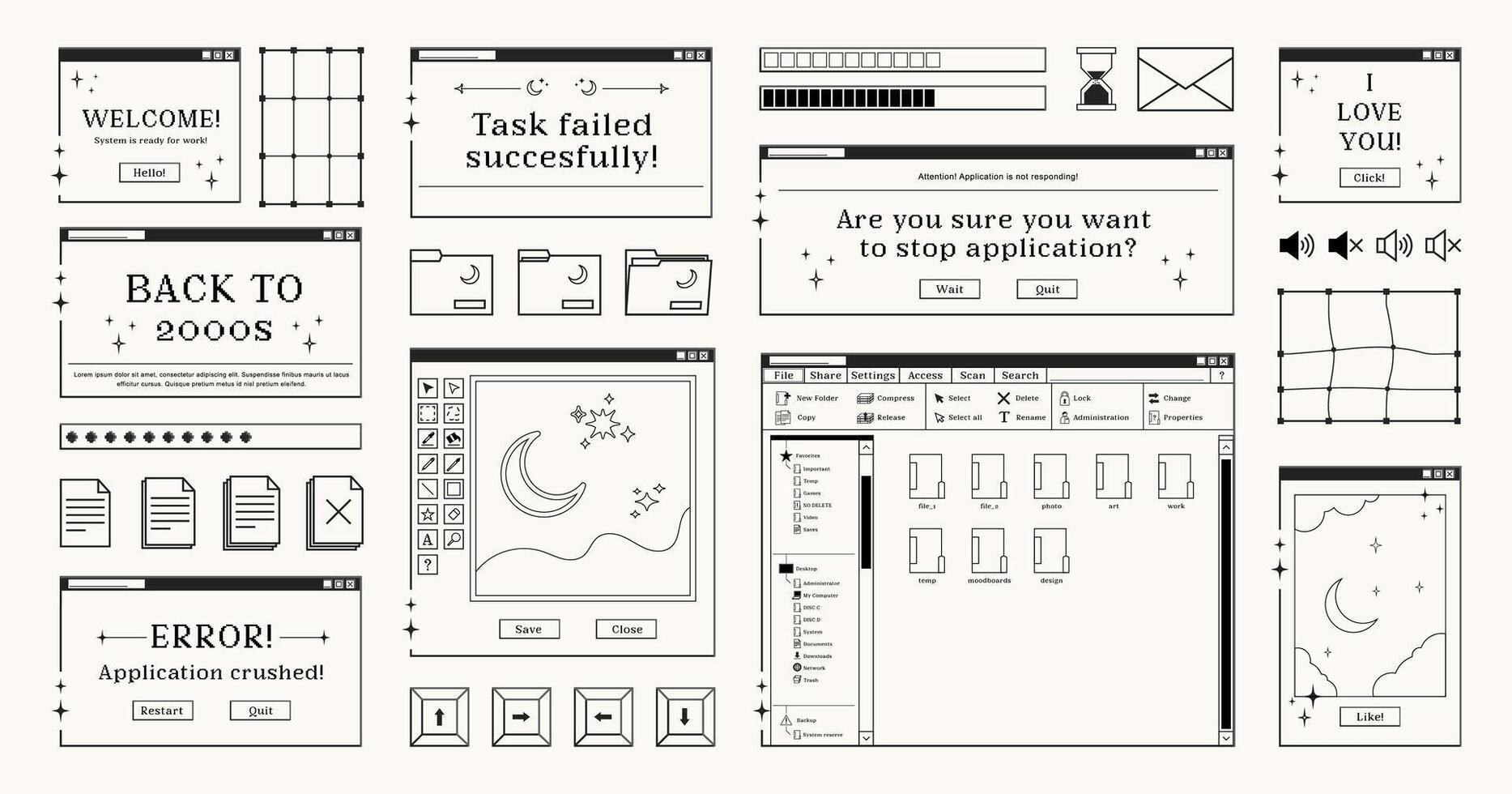Set of retro computer windows and dialogue screens, buttons, documents and folders symbols, interfaces and loading bars in 2000s aesthetics. illustration and graphic design elements. vector