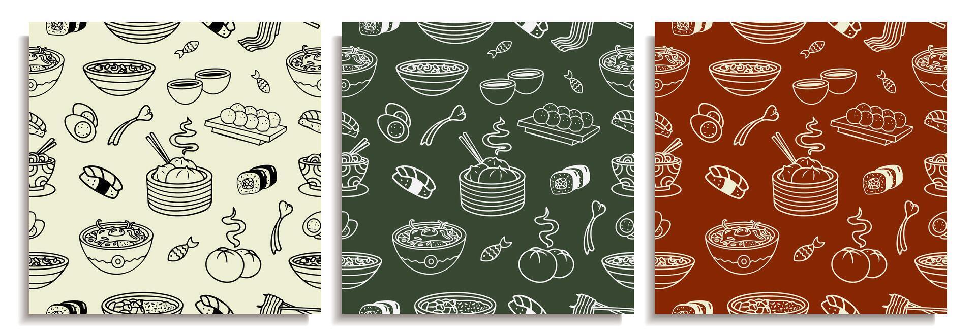 Asian food doodles and freehand drawing, graphic line art dishes and soup bowls, sushi and baked buns Asian food doodle patterns, graphic line art dishes and soup bowls, sushi and baked buns and dumpl vector