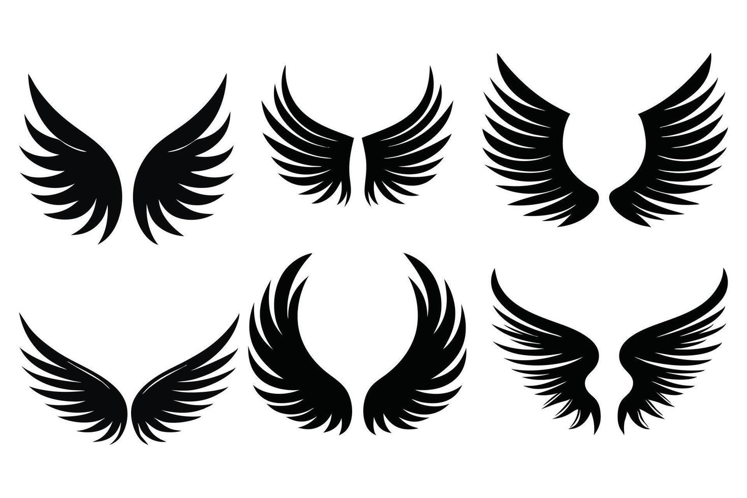 Set of Black Wing Silhouettes Illustration of Feathered Wings vector